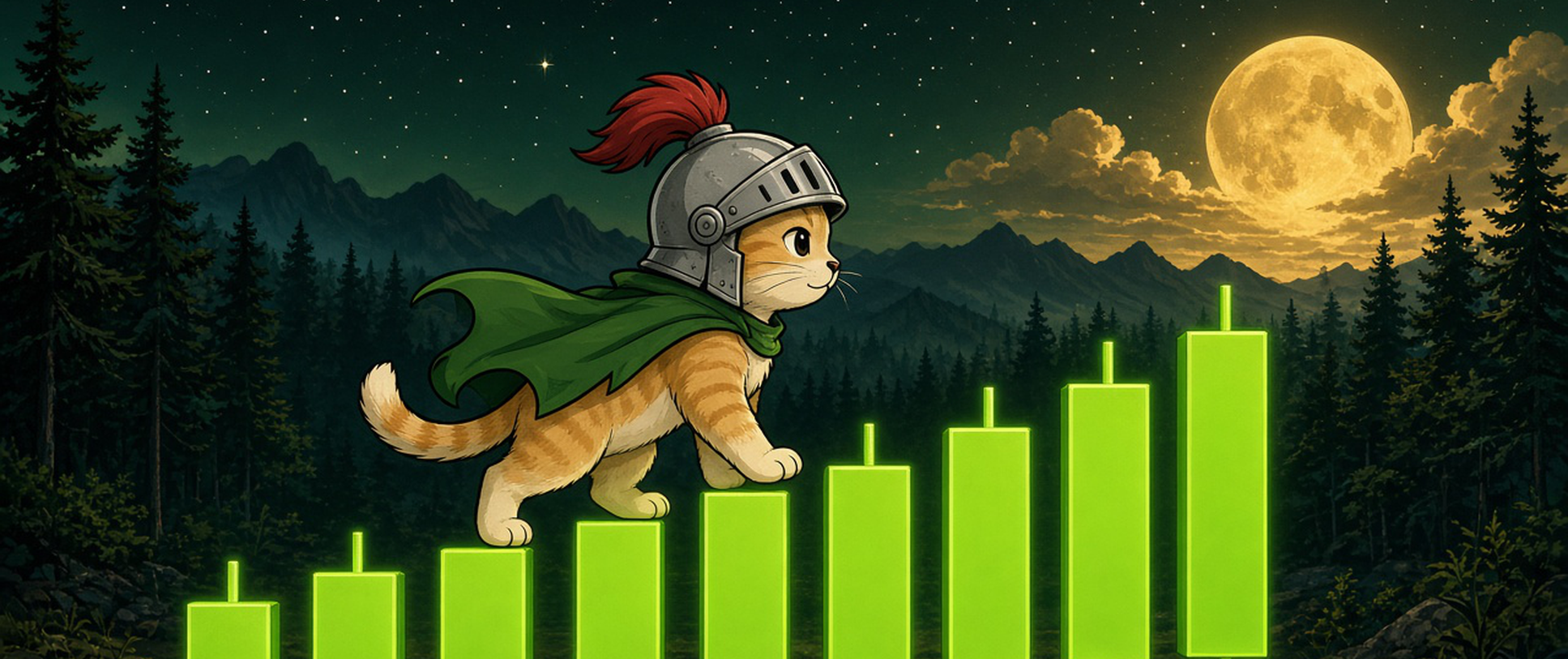 骑士小猫 strides upward across green candlesticks toward the moon.