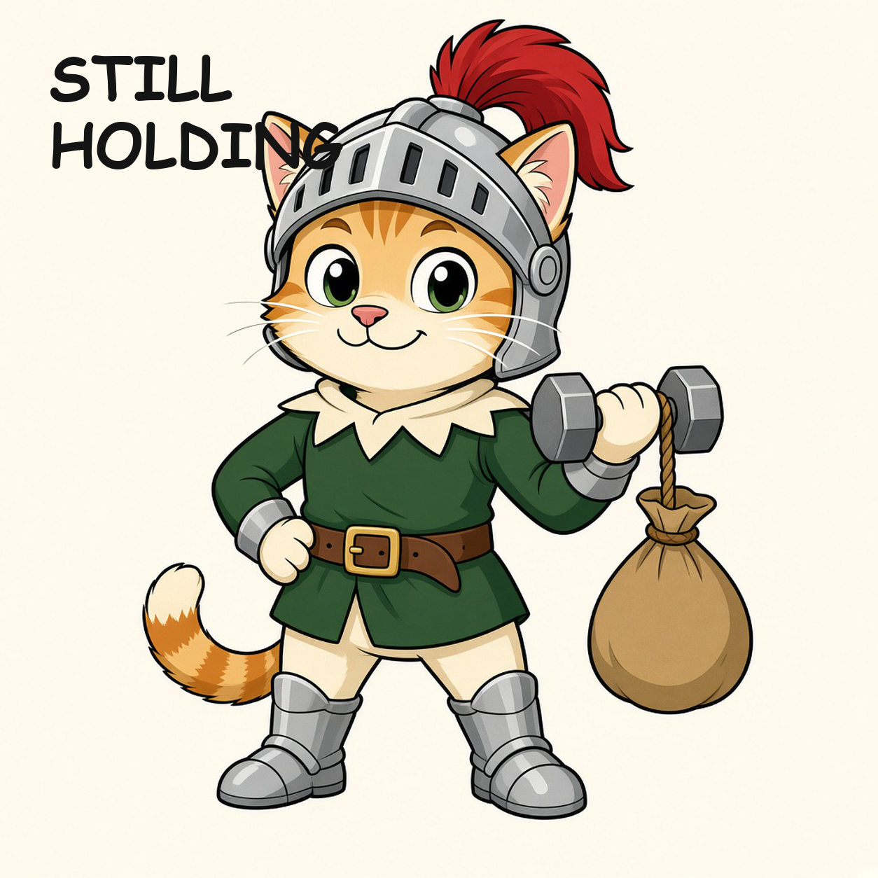 骑士小猫 lifting a dumbbell with a coin sack hanging from it